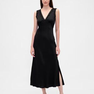 Satin Midi Dress w/ Lace Trim